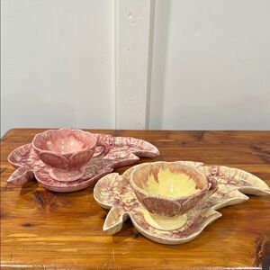 Vtg MCM 1950's Cal-Ramics by Cisse Pink & Yellow Leaf Snack Plate Sets